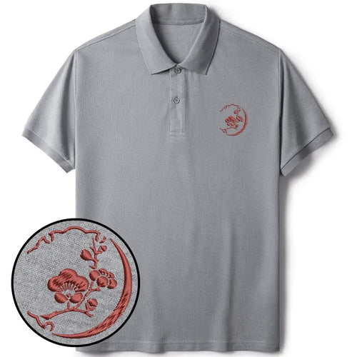 Kyoto-Lion A Branch Of Sakura Embroidered Polo T-Shirt