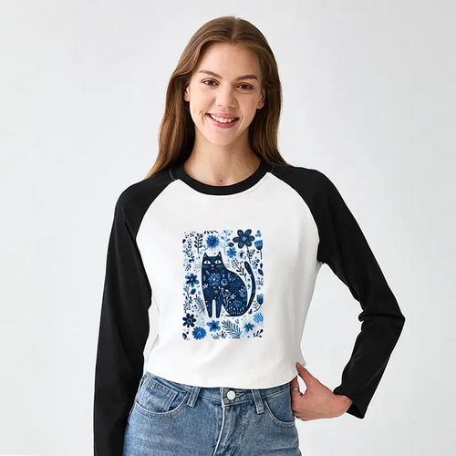 Vintage Woodblock Print Raglan Tee for Women