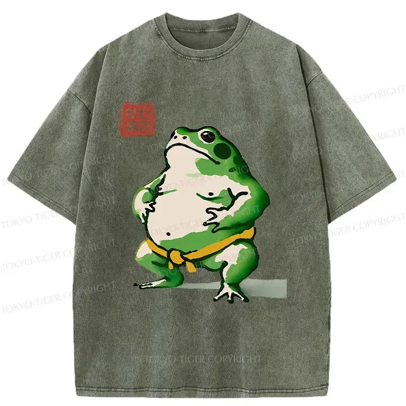 Frog Sumo Wrestler Washed T-Shirt for Daily Wear