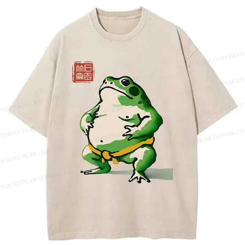 Frog Sumo Wrestler Washed T-Shirt for Daily Wear