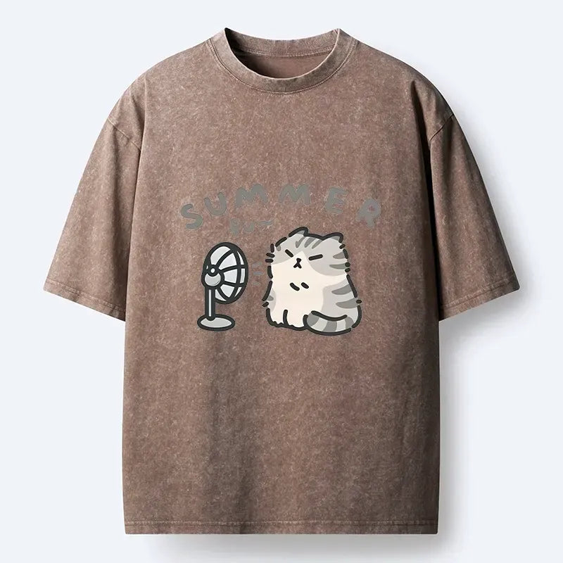 Kyoto-Lion Summer Cat Chills With A Fan Washed T-Shirt