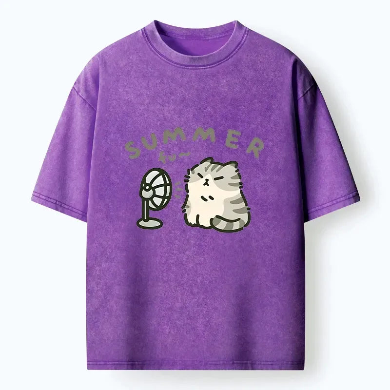 Kyoto-Lion Summer Cat Chills With A Fan Washed T-Shirt