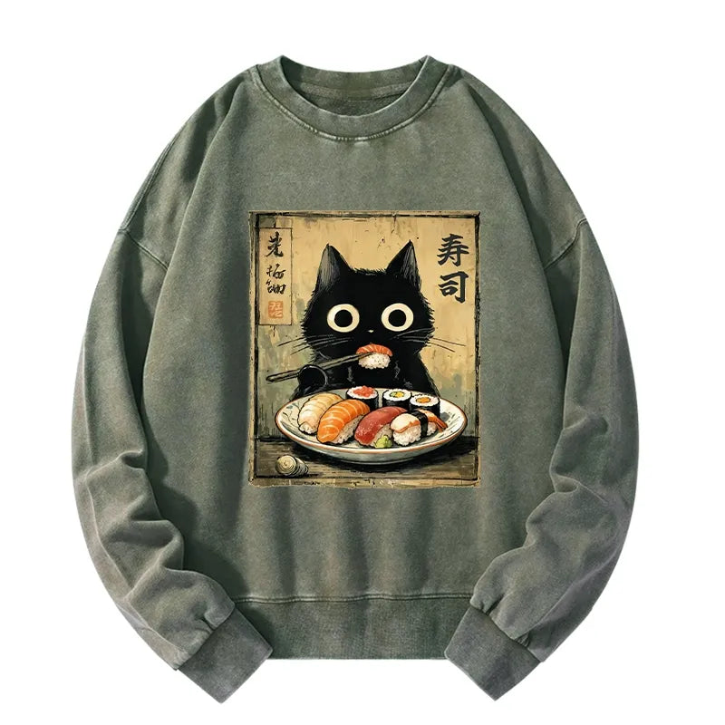 Kyoto-Lion Vintage Japanese Sushi Cat Washed Sweatshirt