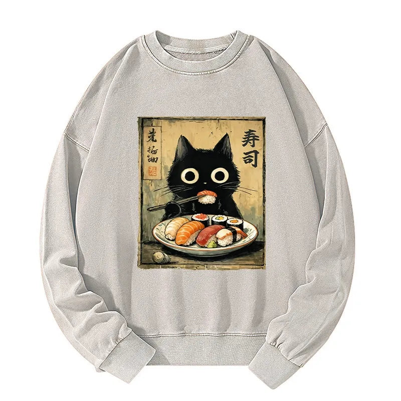 Kyoto-Lion Vintage Japanese Sushi Cat Washed Sweatshirt