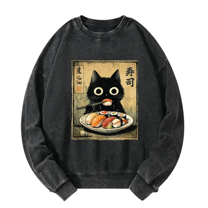 Kyoto-Lion Vintage Japanese Sushi Cat Washed Sweatshirt