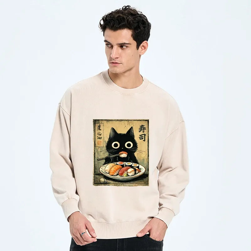 Kyoto-Lion Vintage Japanese Sushi Cat Washed Sweatshirt
