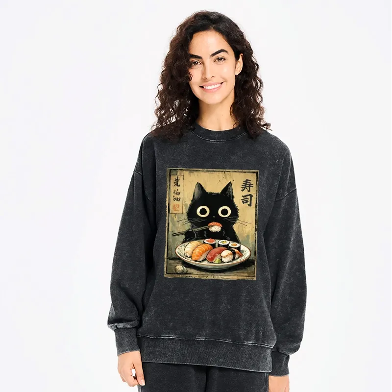 Kyoto-Lion Vintage Japanese Sushi Cat Washed Sweatshirt
