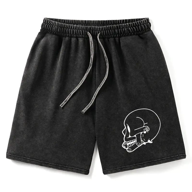 Kyoto-Lion Funny Cat Eating Fish Washed Shorts