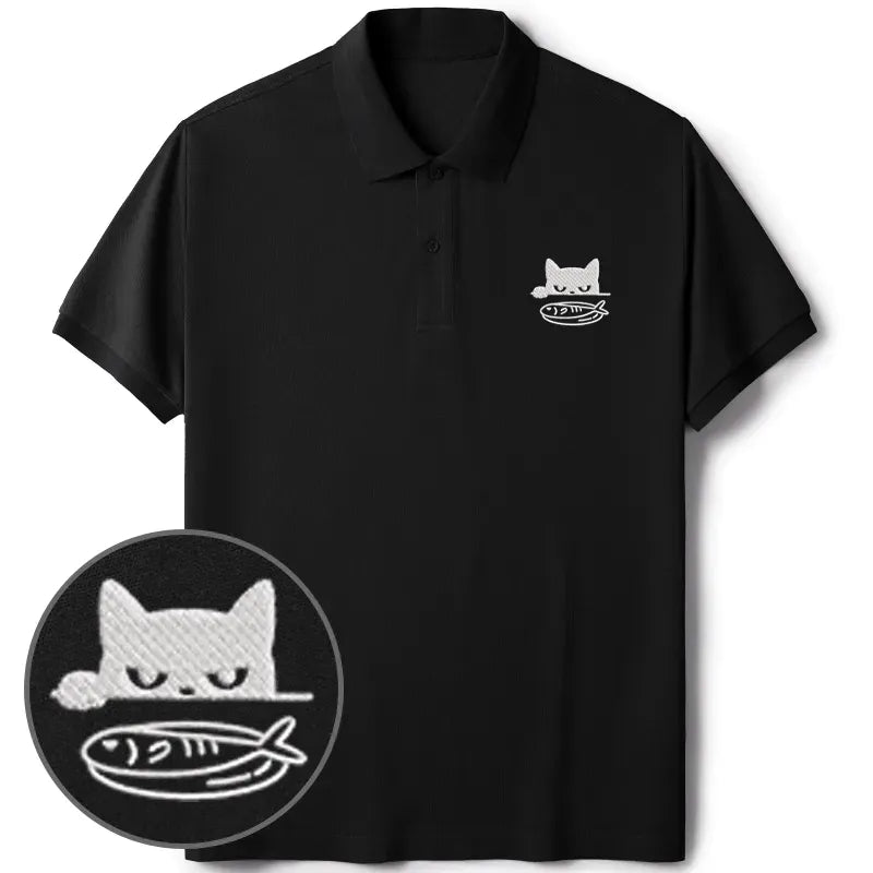 Kyoto-Lion Cat Staring At Fish Embroidered Polo T-Shirt