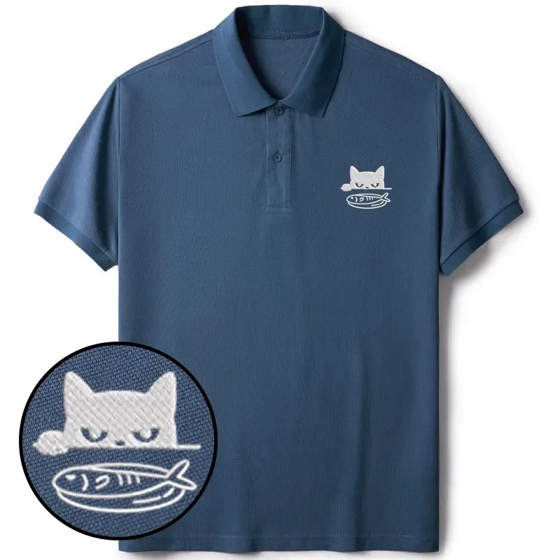 Embroidered Cat Polo Shirt for Casual