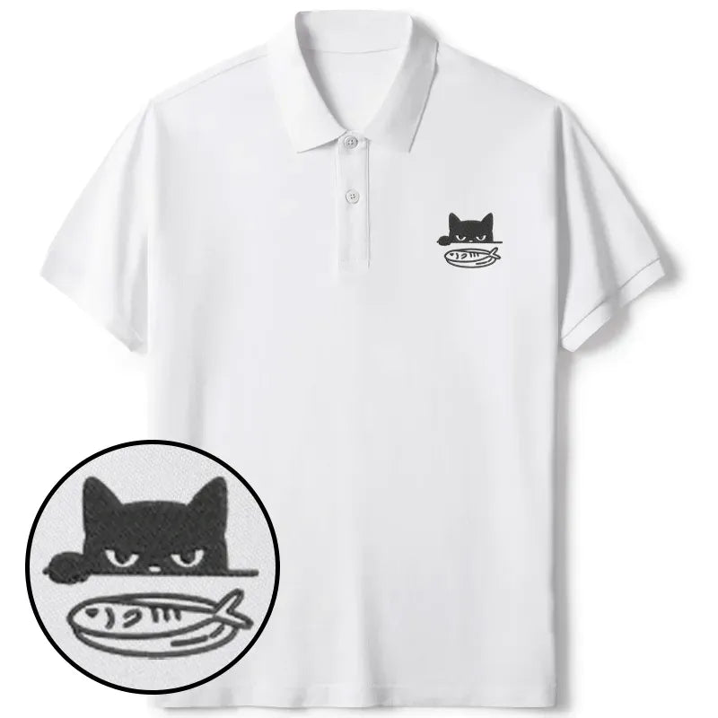 Embroidered Cat Polo Shirt for Casual