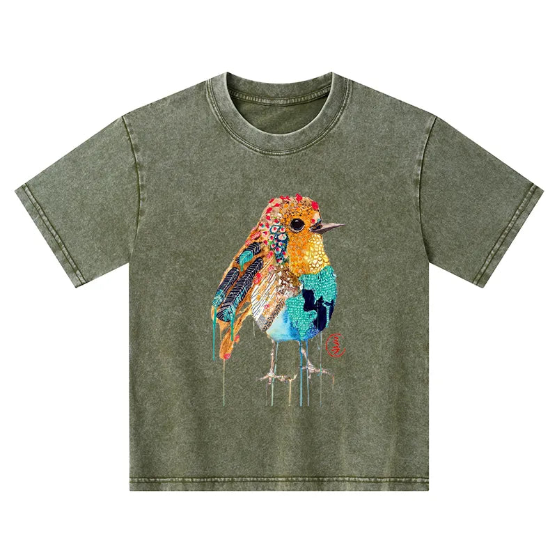 Kyoto-Lion Sparkly Wild Bird Kids Washed T-Shirt