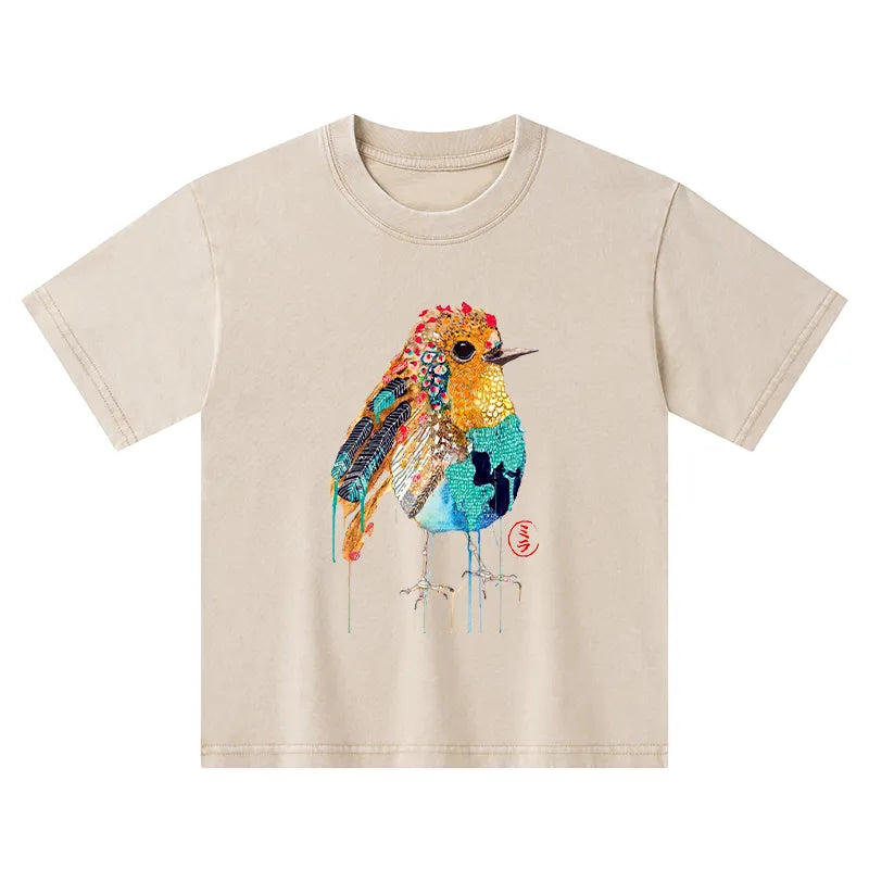 Kyoto-Lion Sparkly Wild Bird Kids Washed T-Shirt