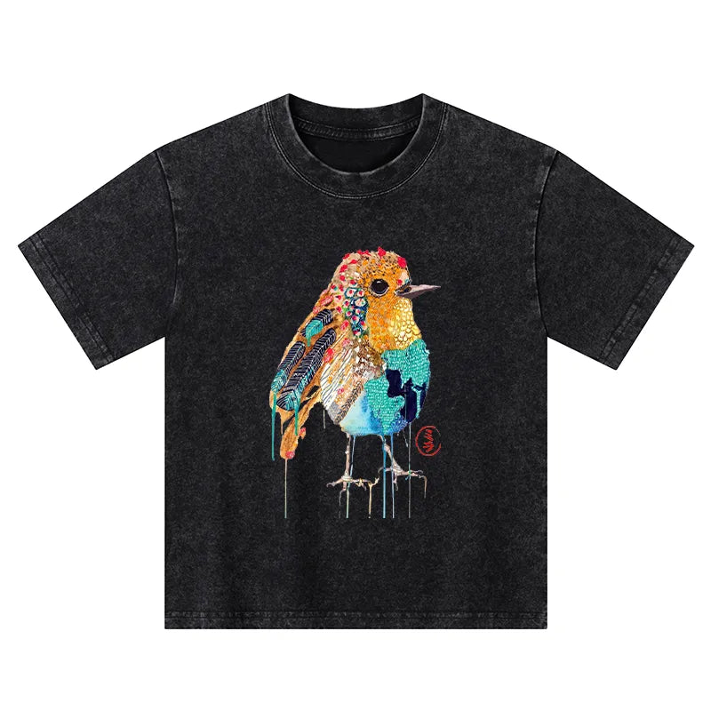 Kyoto-Lion Sparkly Wild Bird Kids Washed T-Shirt
