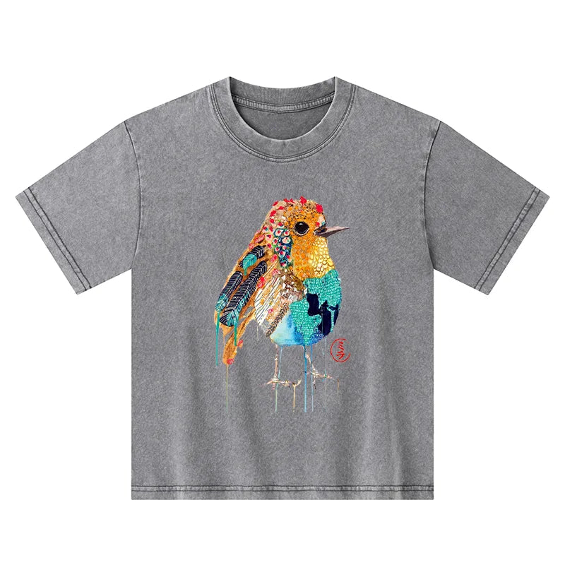 Kyoto-Lion Sparkly Wild Bird Kids Washed T-Shirt