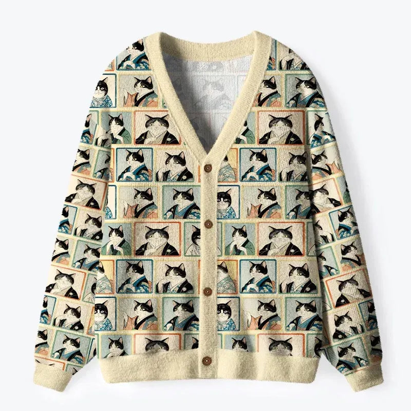 Japanese Cat Headshot Cardigan Sweater
