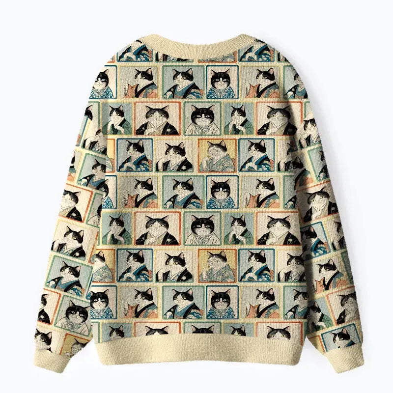 Kyoto-Lion Japanese Cat Headshot Ugly Cardigan Sweater
