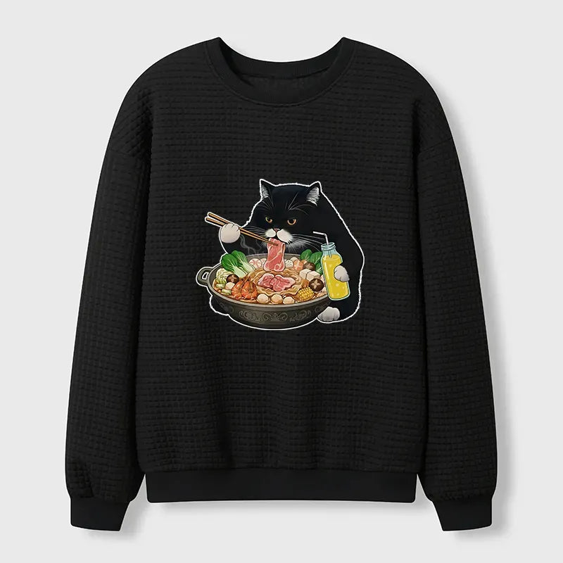 Kyoto-Lion Black Cat Eating Hot Pot Waffle Sweatshirt