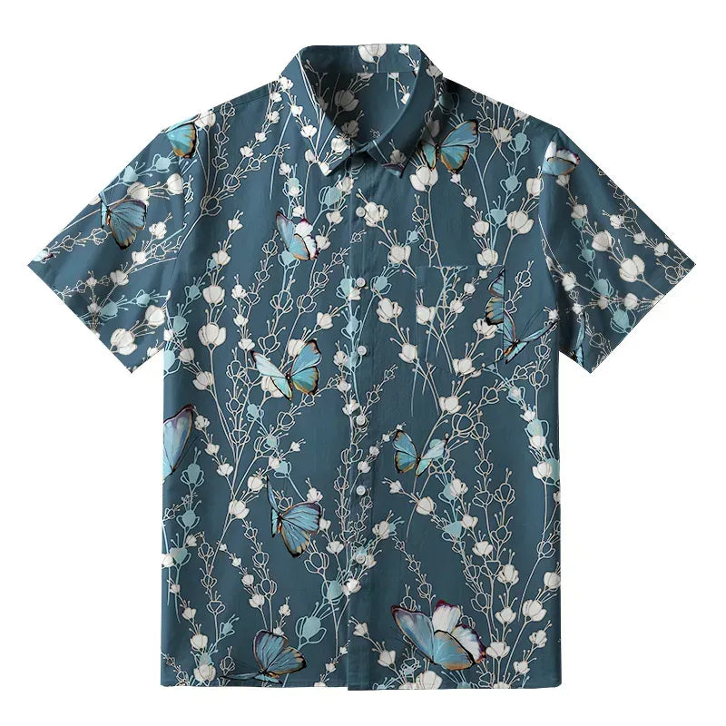 Kyoto-Lion Blue Floral And Butterfly Button-up Shirt