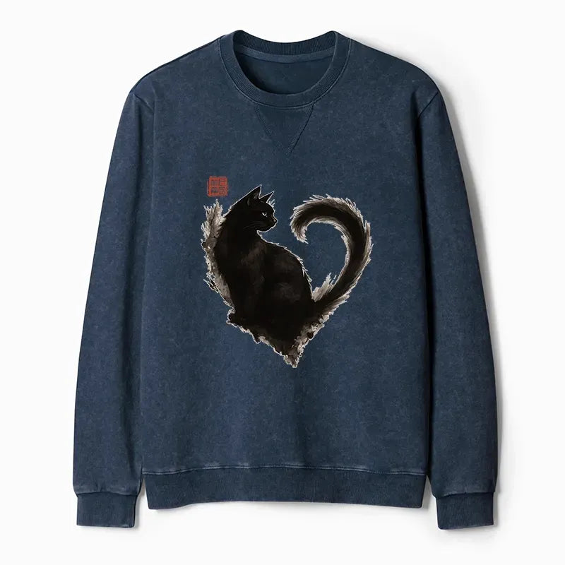 Kyoto-Lion Funny Heart-Shaped Ink Cat Washed Terry Sweatshirt
