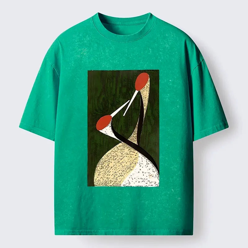 Kyoto-Lion Vintage Japanese Twin Crane Print Washed T-Shirt