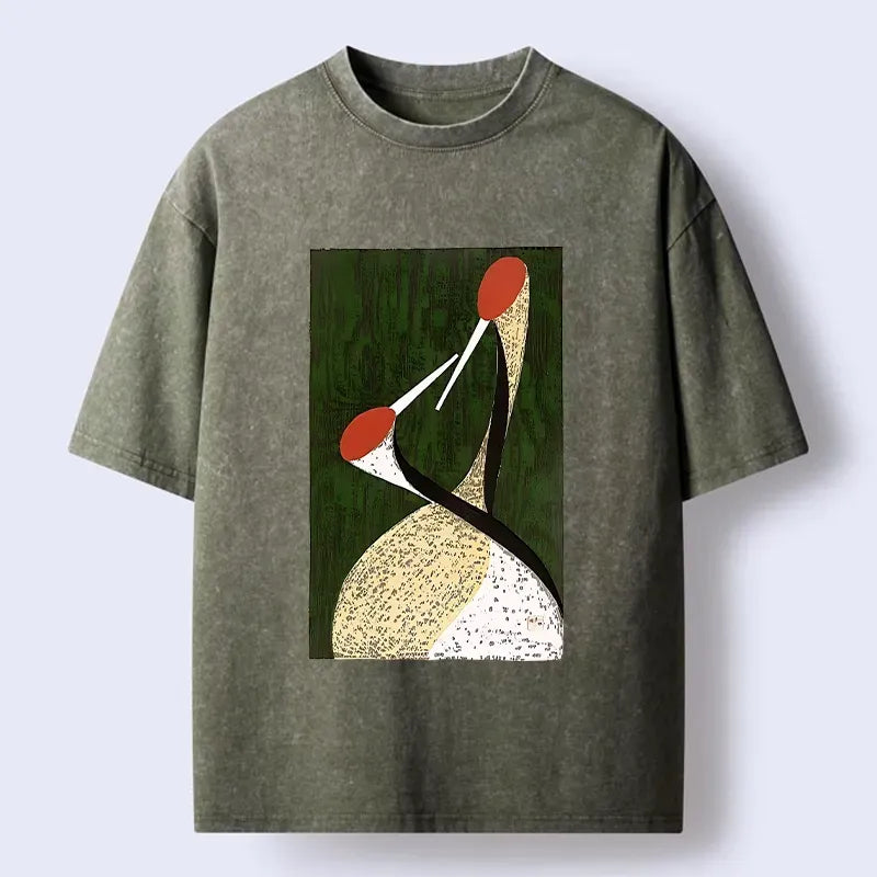 Kyoto-Lion Vintage Japanese Twin Crane Print Washed T-Shirt