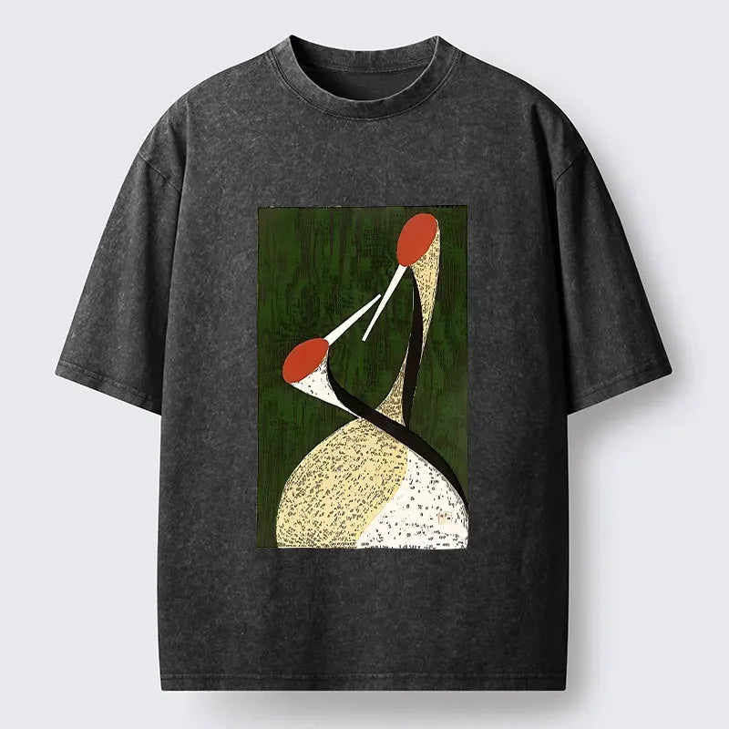 Kyoto-Lion Vintage Japanese Twin Crane Print Washed T-Shirt