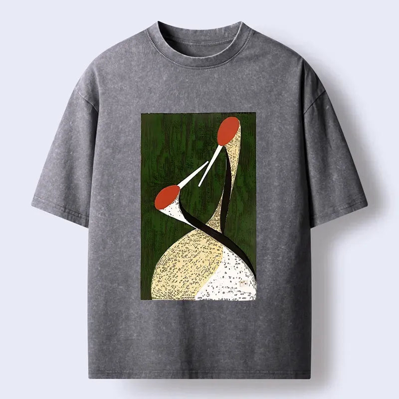 Kyoto-Lion Vintage Japanese Twin Crane Print Washed T-Shirt