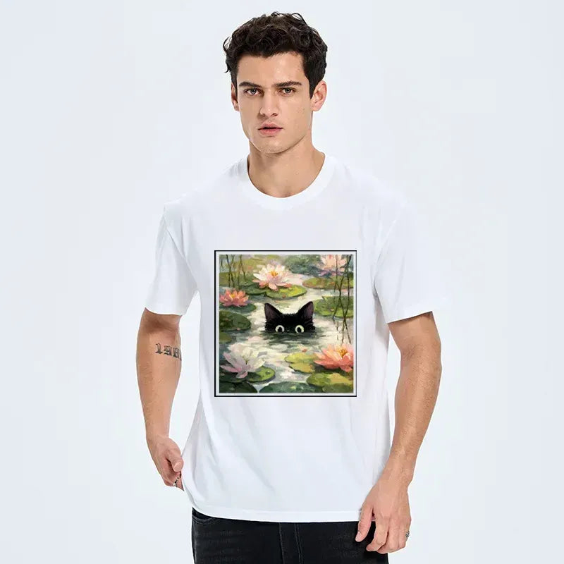 Kyoto-Lion Black Cat and Lotus Flower Classic T-Shirt
