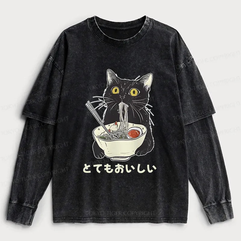 japanese cat eating ramen t-shirt for summer