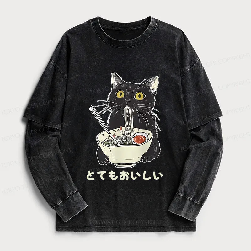 japanese cat eating ramen t-shirt for summer