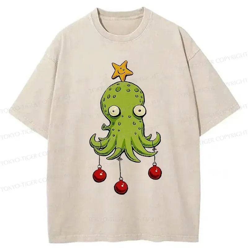 Kyoto-Lion Christmas Tree Octopus Washed T-Shirt