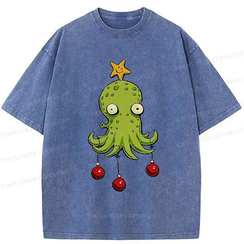Kyoto-Lion Christmas Tree Octopus Washed T-Shirt