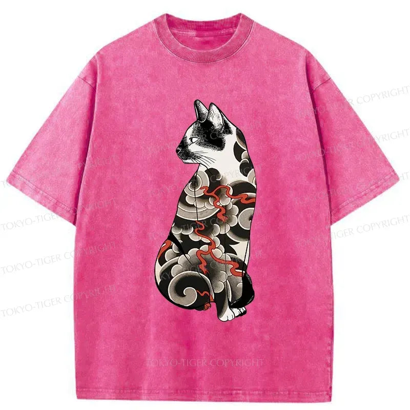 Kyoto-Lion Tattoo Cat Washed T-Shirt