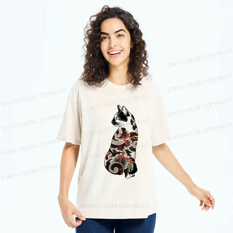 Kyoto-Lion Tattoo Cat Washed T-Shirt
