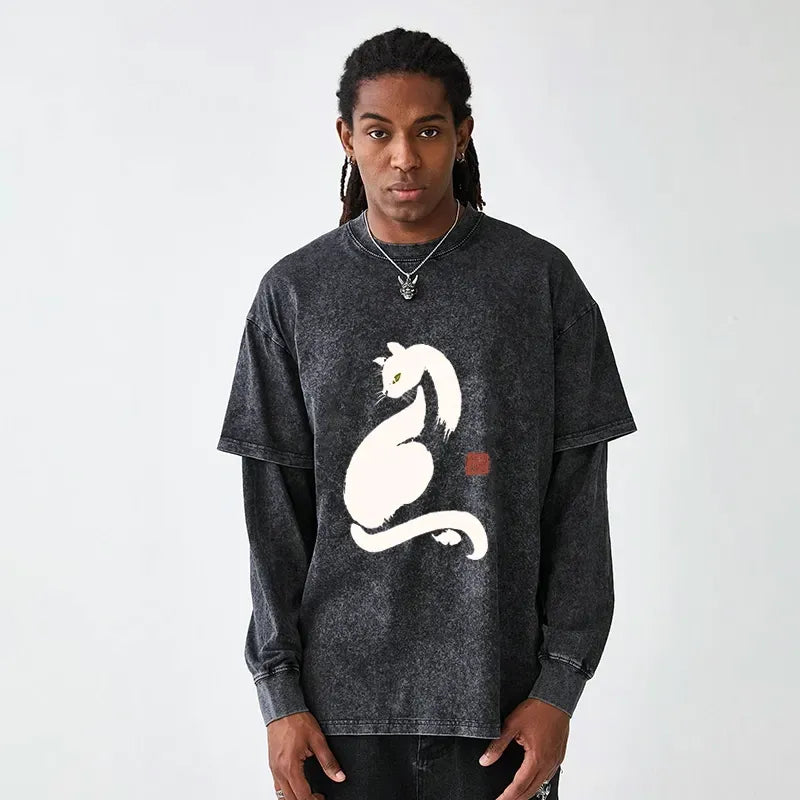 Kyoto-Lion Elegant Black Cat Japan Washed Double Layer T-Shirt