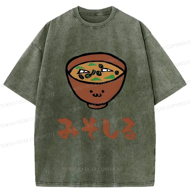 Japanese Miso Soup Washed T-Shirt for Daily Wear