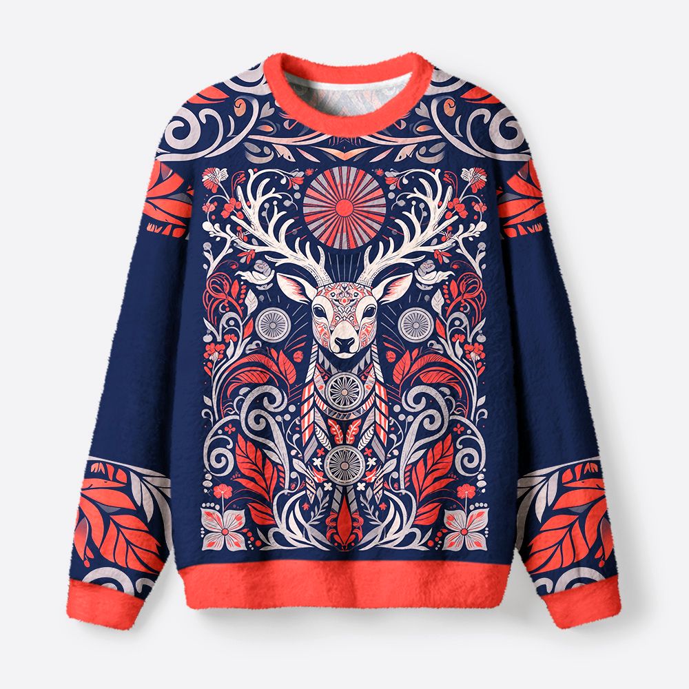Kyoto-Lion Totem Reindeer Fuzzy Christmas Ugly Sweatshirt