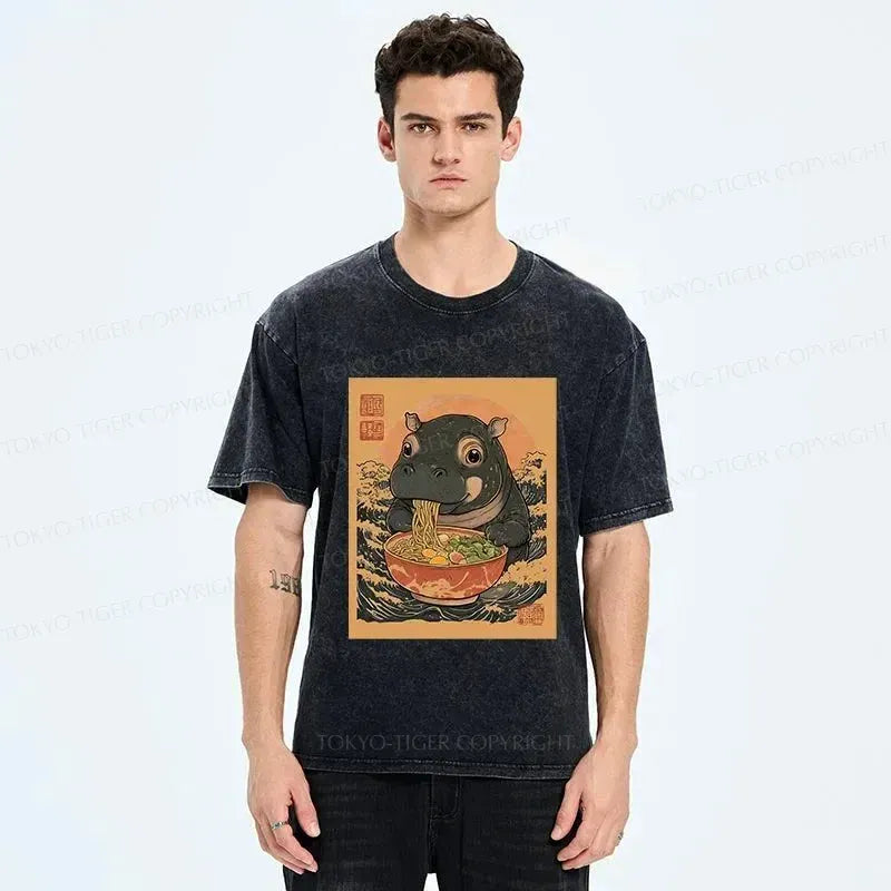 Kyoto-Lion Moo Deng Eat Ramen Washed T-Shirt