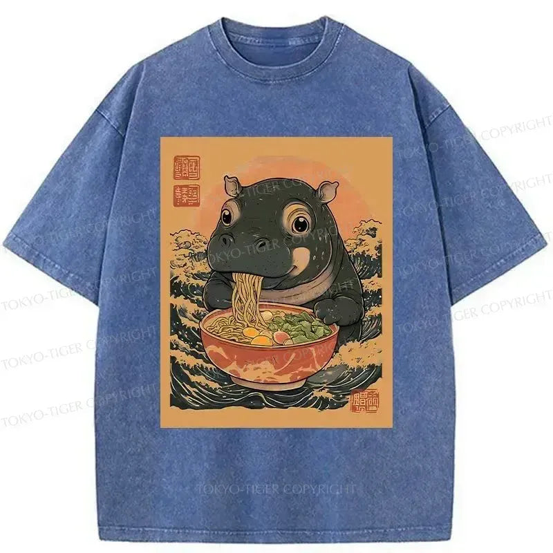 Kyoto-Lion Moo Deng Eat Ramen Washed T-Shirt