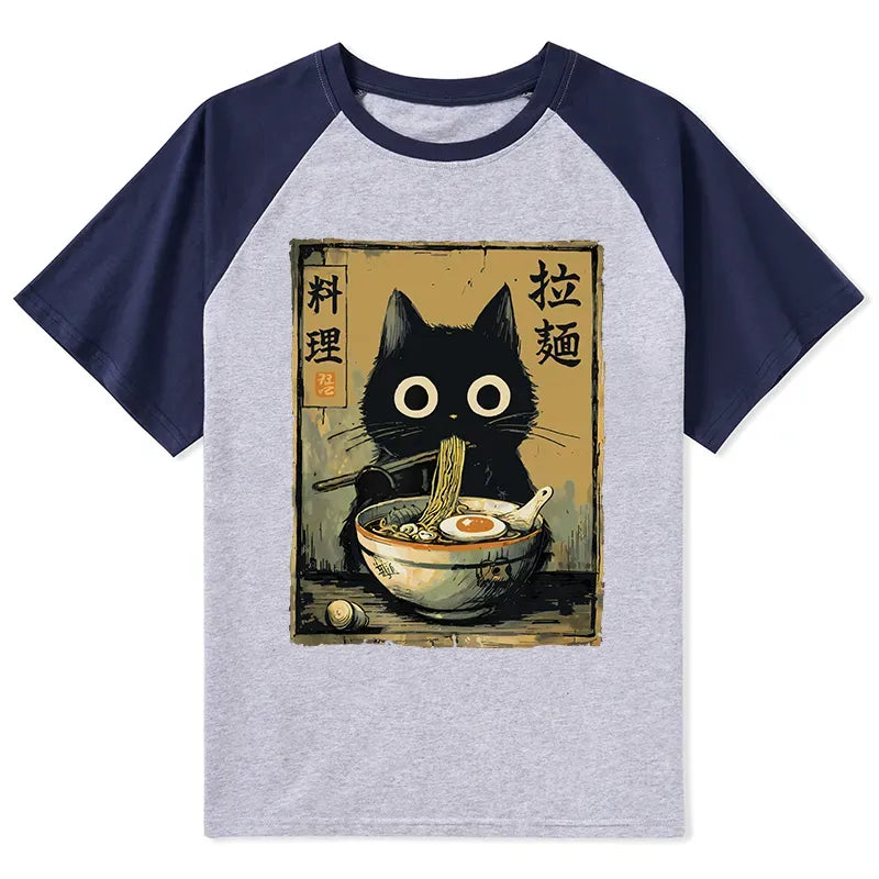 Kyoto-Lion Cute Black Cat Eating Ramen Japan Raglan T-shirt