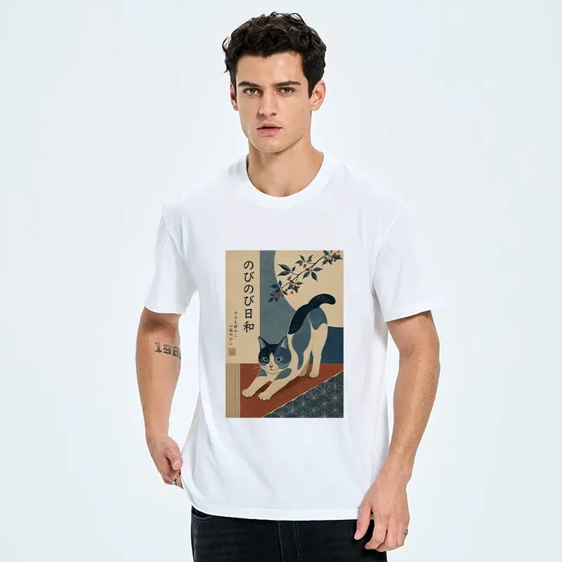 Ukiyo-e Style Calm Cat T-Shirt for Vacation