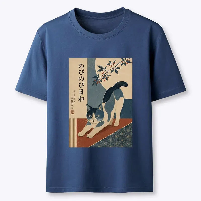 Japanese Vintage Blue Cat T-Shirt for Daily Wear