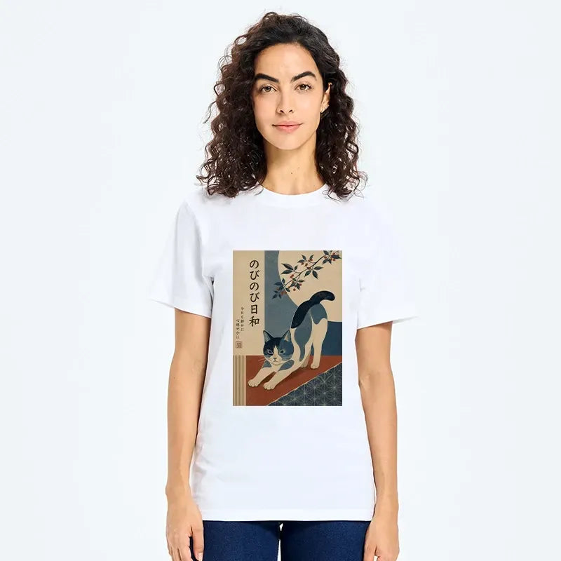 Japanese Vintage Blue Cat T-Shirt for Daily Wear