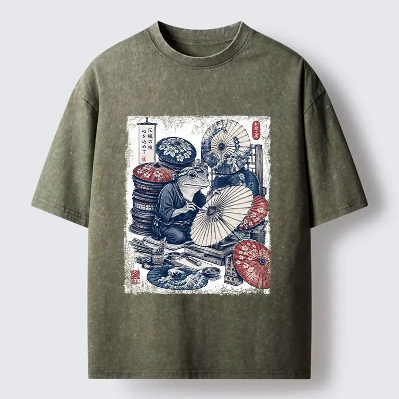 Kyoto-Lion Umbrella Maker Frog Washed T-Shirt
