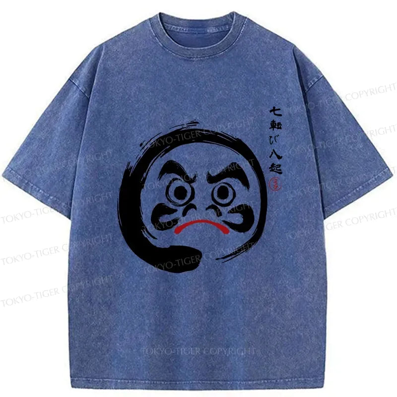 Japanese Retro Daruma Washed T-Shirt for Daily