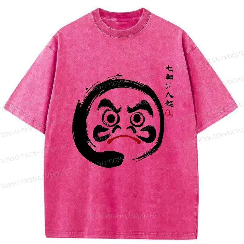 Japanese Retro Daruma Washed T-Shirt for Daily