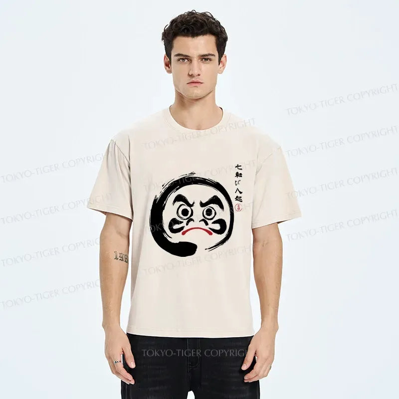 Japanese Retro Daruma Washed T-Shirt for Daily
