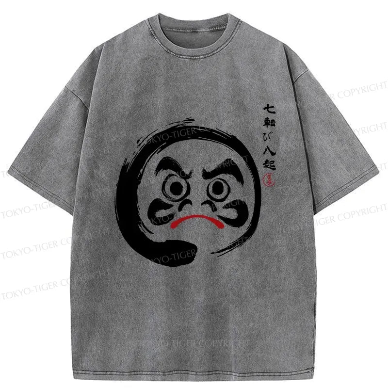 Japanese Retro Daruma Washed T-Shirt for Daily