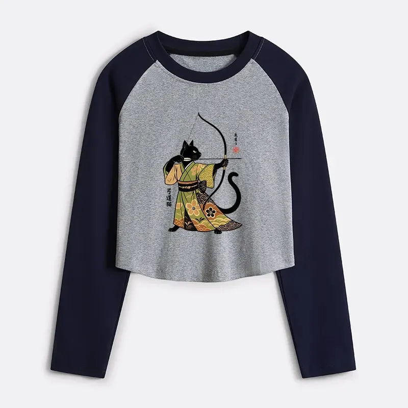 Kyoto-Lion Japan Cat Archery Women's Crop Raglan T-Shirt